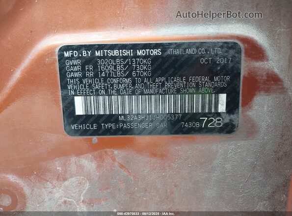 ML32A3HJ1JH005377 2018 MITSUBISHI MIRAGE Orange ძრავის განყოფილების ხედი
