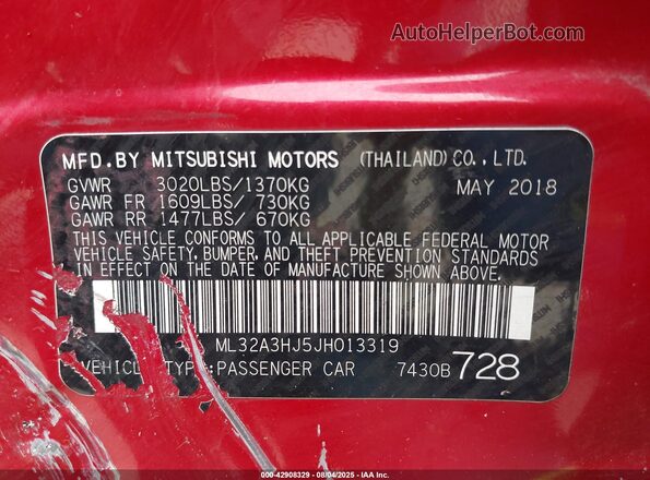 ML32A3HJ5JH013319 2018 MITSUBISHI MIRAGE Red ძრავის განყოფილების ხედი