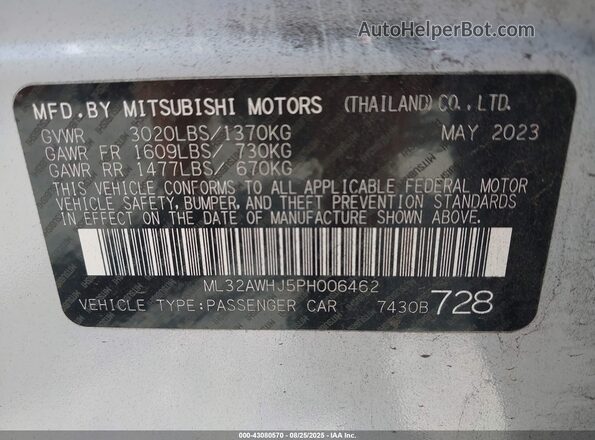 ML32AWHJ5PH006462 2023 MITSUBISHI MIRAGE White ძრავის განყოფილების ხედი
