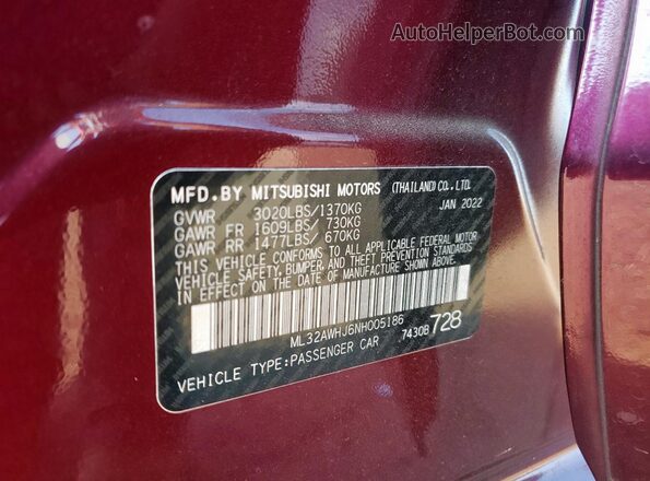ML32AWHJ6NH005186 2022 MITSUBISHI MIRAGE Burgundy Вид підкапотного простору