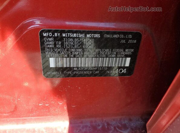 ML32F3FJ3JHF15110 2018 MITSUBISHI MIRAGE Red ძრავის განყოფილების ხედი