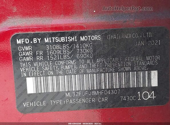 ML32FUFJ8MHF04307 2021 MITSUBISHI MIRAGE G4 Red Widok komory silnika