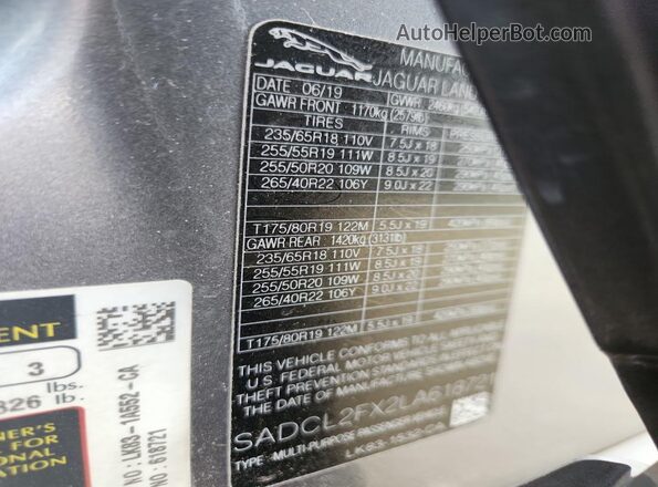 SADCL2FX2LA618721 2020 JAGUAR F-PACE Gray Вид наклейки з VIN-кодом