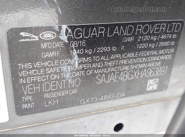 SAJAE4BGXHA963891 2017 JAGUAR XF Gray Вид підкапотного простору