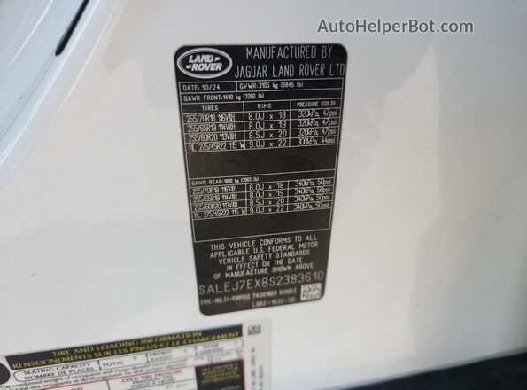SALEJ7EX8S2383610 2025 LAND ROVER DEFENDER Белый Вид наклейки с VIN-кодом