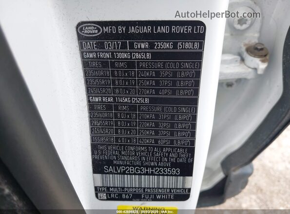 SALVP2BG3HH233593 2017 LAND ROVER RANGE ROVER EVOQUE White Շարժիչի բաժամունքի տեսք