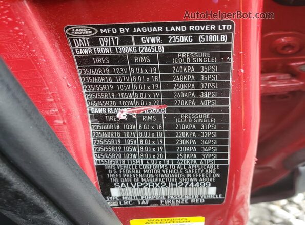 SALVP2RX2JH274499 2018 LAND ROVER RANGE Red სალონის 360-გრადუსიანი ხედი