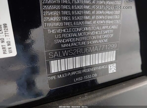 SALWS2RU6MA771299 2021 LAND ROVER RANGE ROVER SPORT Черный Вид подкапотного пространства