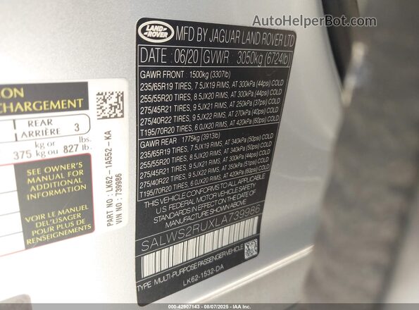 SALWS2RUXLA739986 2020 LAND ROVER RANGE ROVER SPORT Silver Widok komory silnika