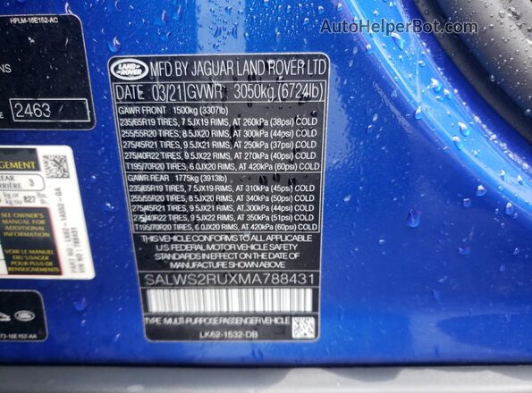 SALWS2RUXMA788431 2021 LAND ROVER RANGE Blue 360 interior view