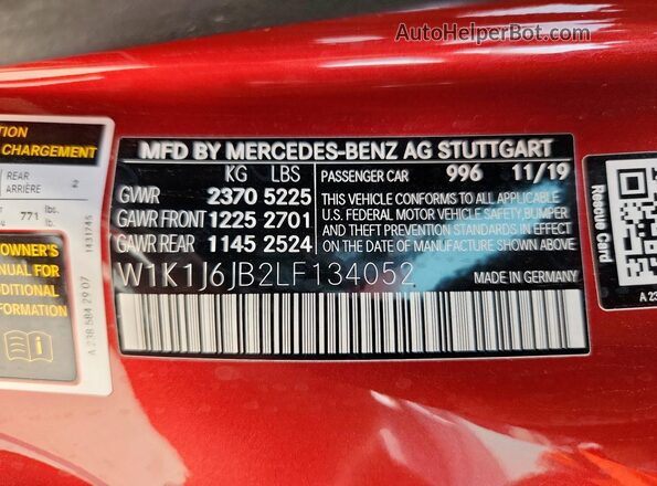 W1K1J6JB2LF134052 2020 MERCEDES-BENZ E Red Widok komory silnika