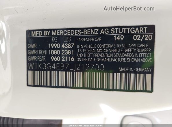 W1K3G4EB7LJ212733 2020 MERCEDES-BENZ A 220 Белый Вид подкапотного пространства
