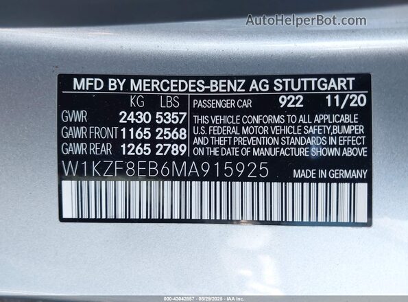 W1KZF8EB6MA915925 2021 MERCEDES-BENZ E-CLASS Silver Vista del compartimento del motor