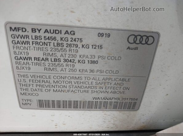 WA1ANAFY0L2017554 2020 AUDI Q5 Белый Вид подкапотного пространства