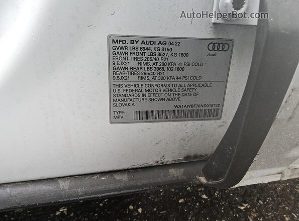 WA1AWBF70ND015742 2022 AUDI SQ7 Белый Панорамный вид салона 360°