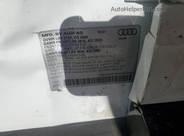 WA1C4AFYXN2027409 2022 AUDI SQ5 White Widok naklejki z numerem VIN