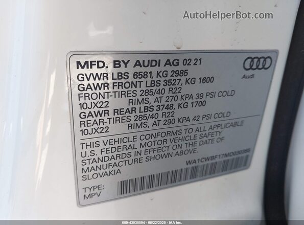 WA1CWBF17MD030385 2021 AUDI SQ8 Белый Вид подкапотного пространства