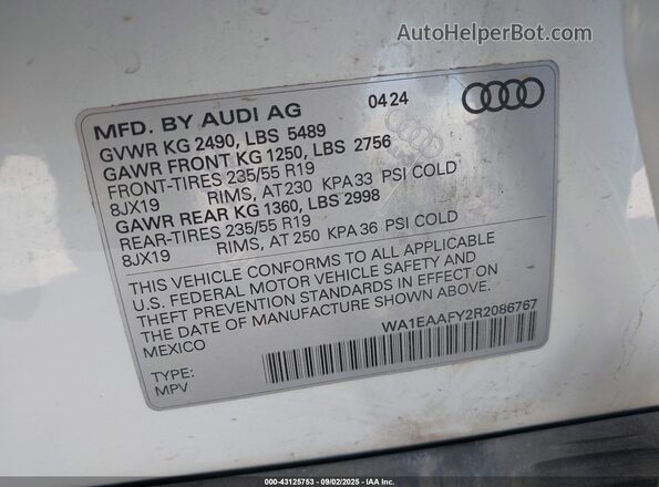 WA1EAAFY2R2086767 2024 AUDI Q5 Белый Вид подкапотного пространства