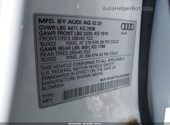 WA1EVAF10LD020690 2020 AUDI Q8 Белый Вид подкапотного пространства