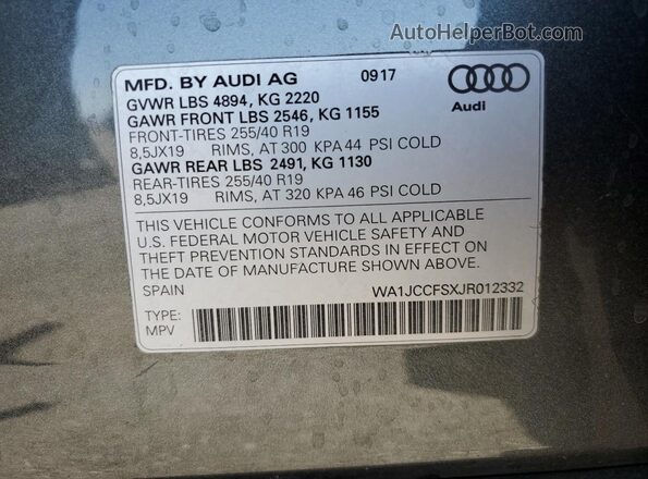 WA1JCCFSXJR012332 2018 AUDI Q3 Серый Вид наклейки с VIN-кодом