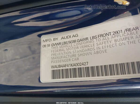 WAUB4AF41KA002427 2019 AUDI S4 White Widok komory silnika