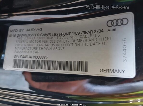 WAUC4AFH4HN003385 2017 AUDI S5 Black Engine compartment view