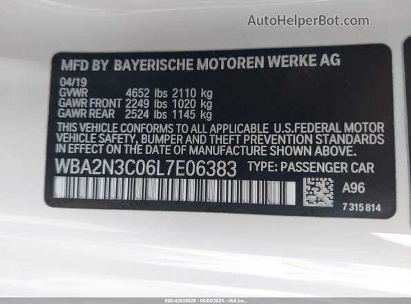 WBA2N3C06L7E06383 2020 BMW M2 Белый Вид подкапотного пространства