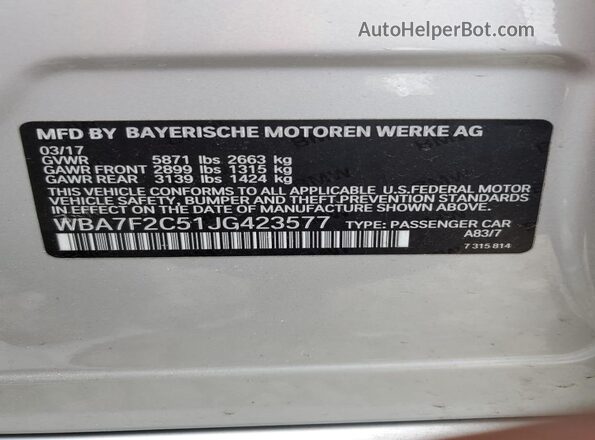 WBA7F2C51JG423577 2018 BMW OTHER Silver Вид підкапотного простору