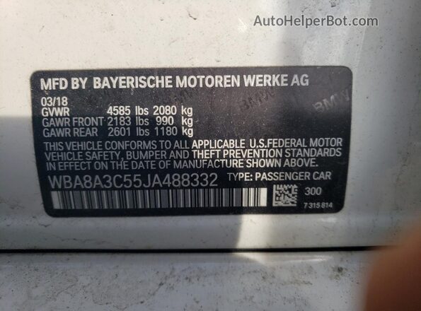 WBA8A3C55JA488332 2018 BMW OTHER White VIN կոդի պիտակի տեսք