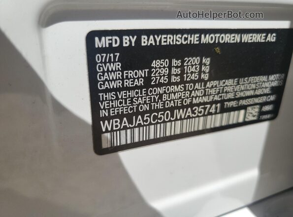 WBAJA5C50JWA35741 2018 BMW OTHER Cream VIN კოდის სტიკერის ხედი