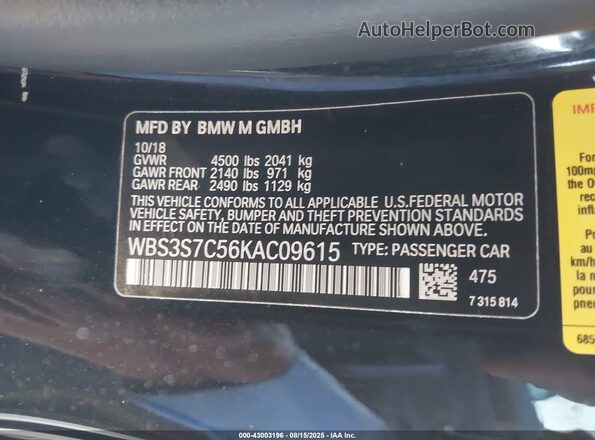 WBS3S7C56KAC09615 2019 BMW M4 Black Вид підкапотного простору