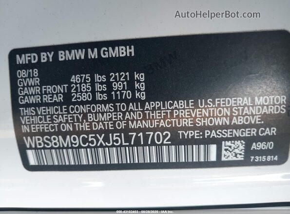 WBS8M9C5XJ5L71702 2018 BMW M3 White Vista del compartimento del motor