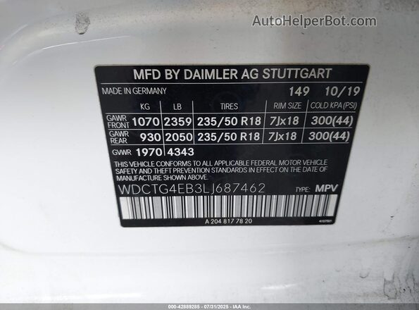 WDCTG4EB3LJ687462 2020 MERCEDES-BENZ GLA 250 White Вид підкапотного простору