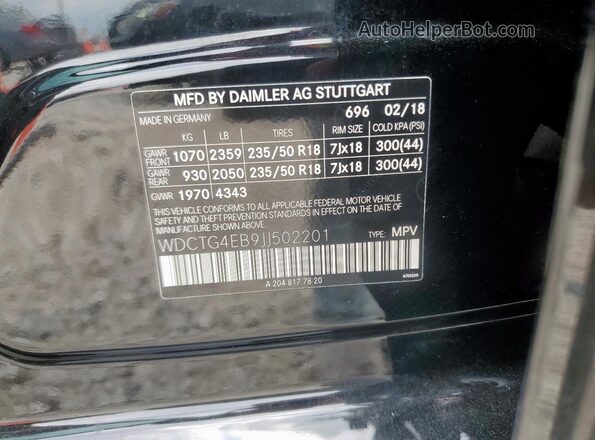WDCTG4EB9JJ502201 2018 MERCEDES-BENZ GLA Black VIN sticker view