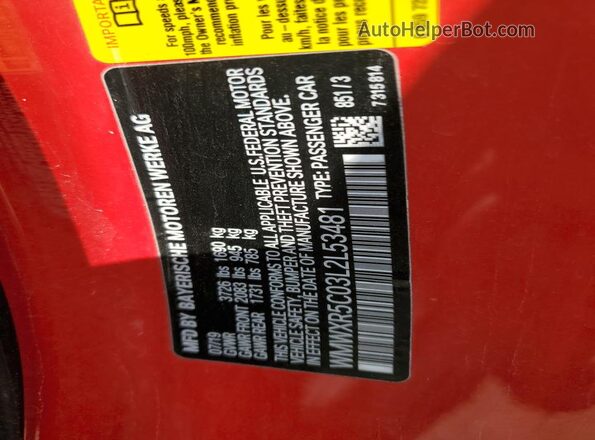 WMWXR5C03L2L53481 2020 MINI COOPER Red VIN sticker view