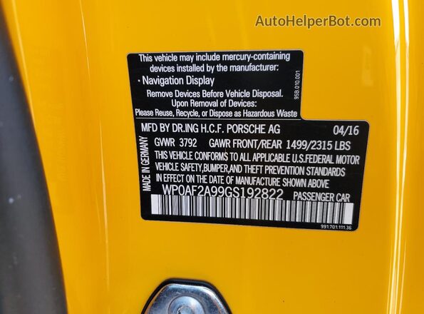 WP0AF2A99GS192822 2016 PORSCHE 911 Желтый Вид наклейки с VIN-кодом