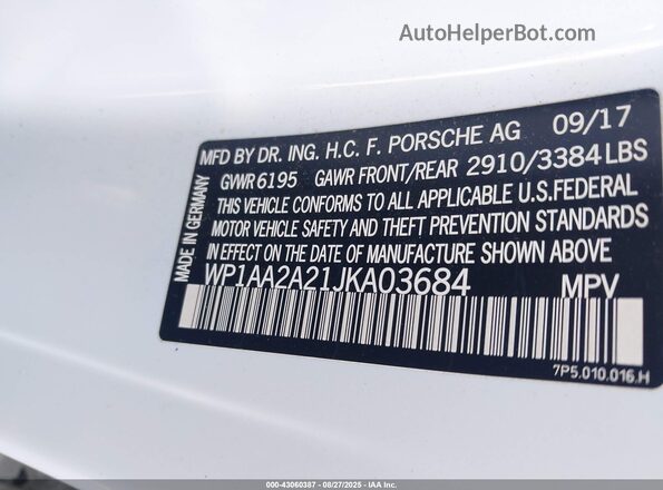 WP1AA2A21JKA03684 2018 PORSCHE CAYENNE White Engine compartment view