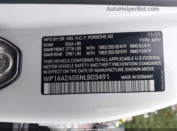 WP1AA2A55NLB03491 2022 PORSCHE MACAN Белый Вид подкапотного пространства