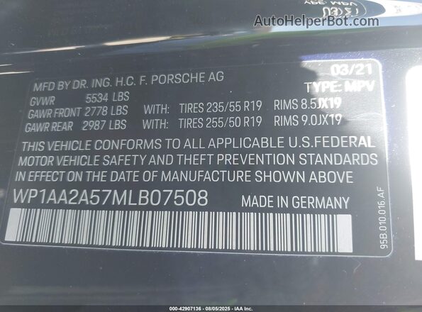 WP1AA2A57MLB07508 2021 PORSCHE MACAN Black Շարժիչի բաժամունքի տեսք