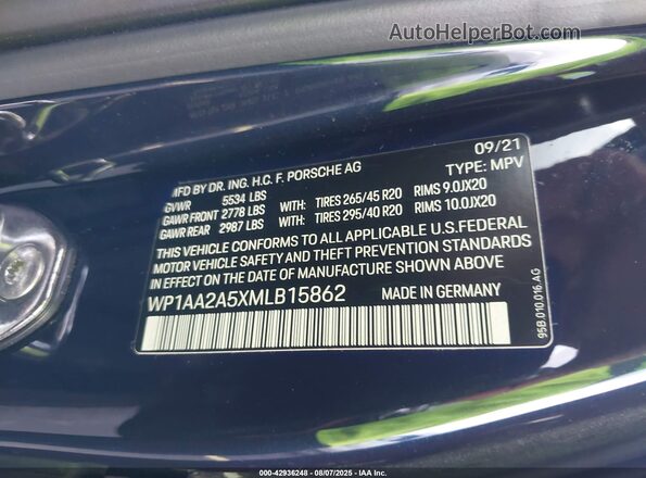 WP1AA2A5XMLB15862 2021 PORSCHE MACAN Синий Вид подкапотного пространства