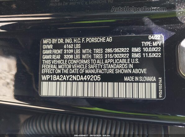 WP1BA2AY2NDA49205 2022 PORSCHE CAYENNE Black Vista del compartimento del motor