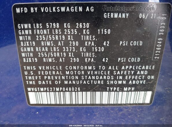 WVGTMPE27MP048026 2021 VOLKSWAGEN ID.4 Blue Вид підкапотного простору