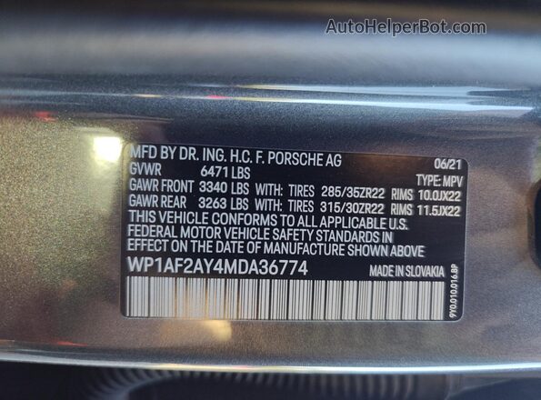 WP1AF2AY4MDA36774 2021 PORSCHE CAYENNE Черный Вид задней части салона
