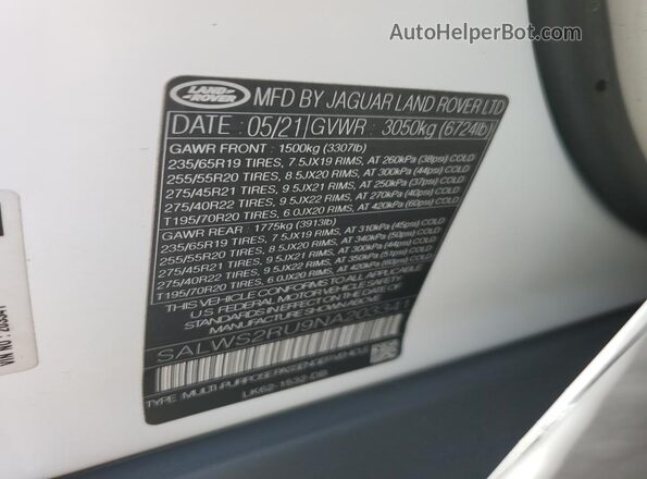 SALWS2RU9NA203341 2022 LAND ROVER RANGE Белый Вид наклейки с VIN-кодом
