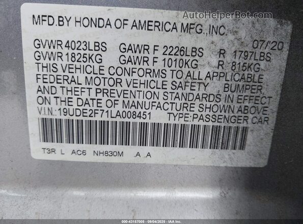 19UDE2F71LA008451 2020 ACURA ILX Silver Vista del compartimento del motor