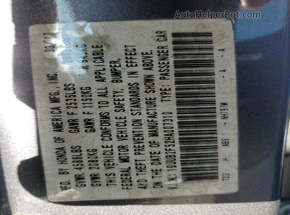 19UUB2F52HA007310 2017 ACURA TLX Gray VIN sticker view