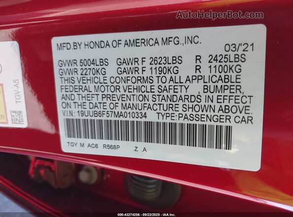 19UUB6F57MA010334 2021 ACURA TLX Красный Вид подкапотного пространства