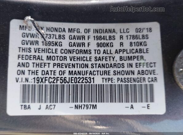19XFC2F56JE022531 2018 HONDA CIVIC Gray Engine compartment view