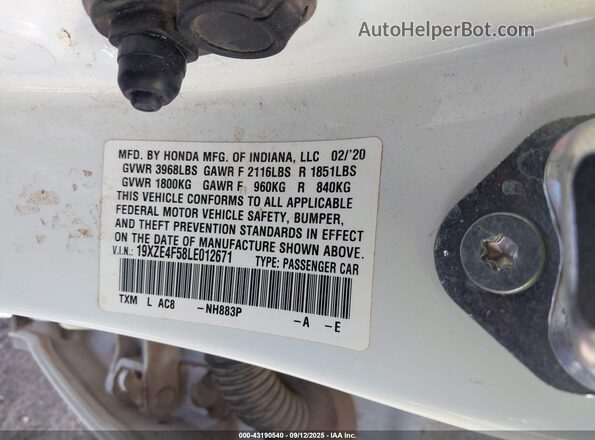 19XZE4F58LE012671 2020 HONDA INSIGHT White Вид підкапотного простору