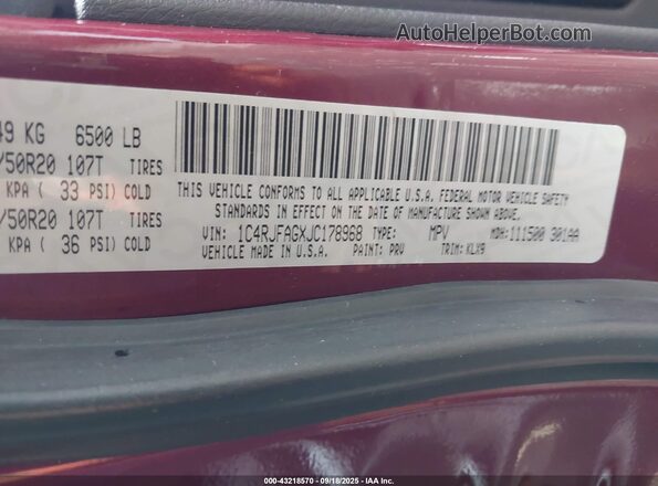 1C4RJFAGXJC178968 2018 JEEP GRAND CHEROKEE Бордовый Вид подкапотного пространства